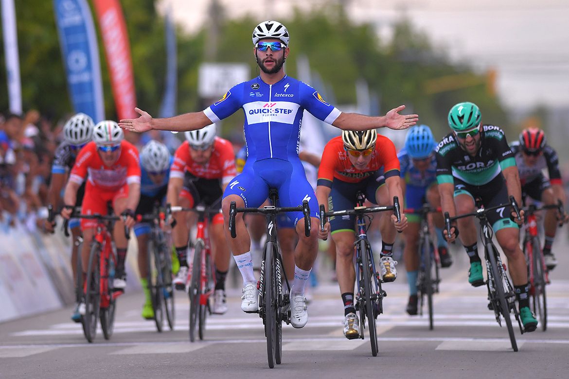 Fernando Gaviria (QuickStep Floors) celebrates stage 1 victory