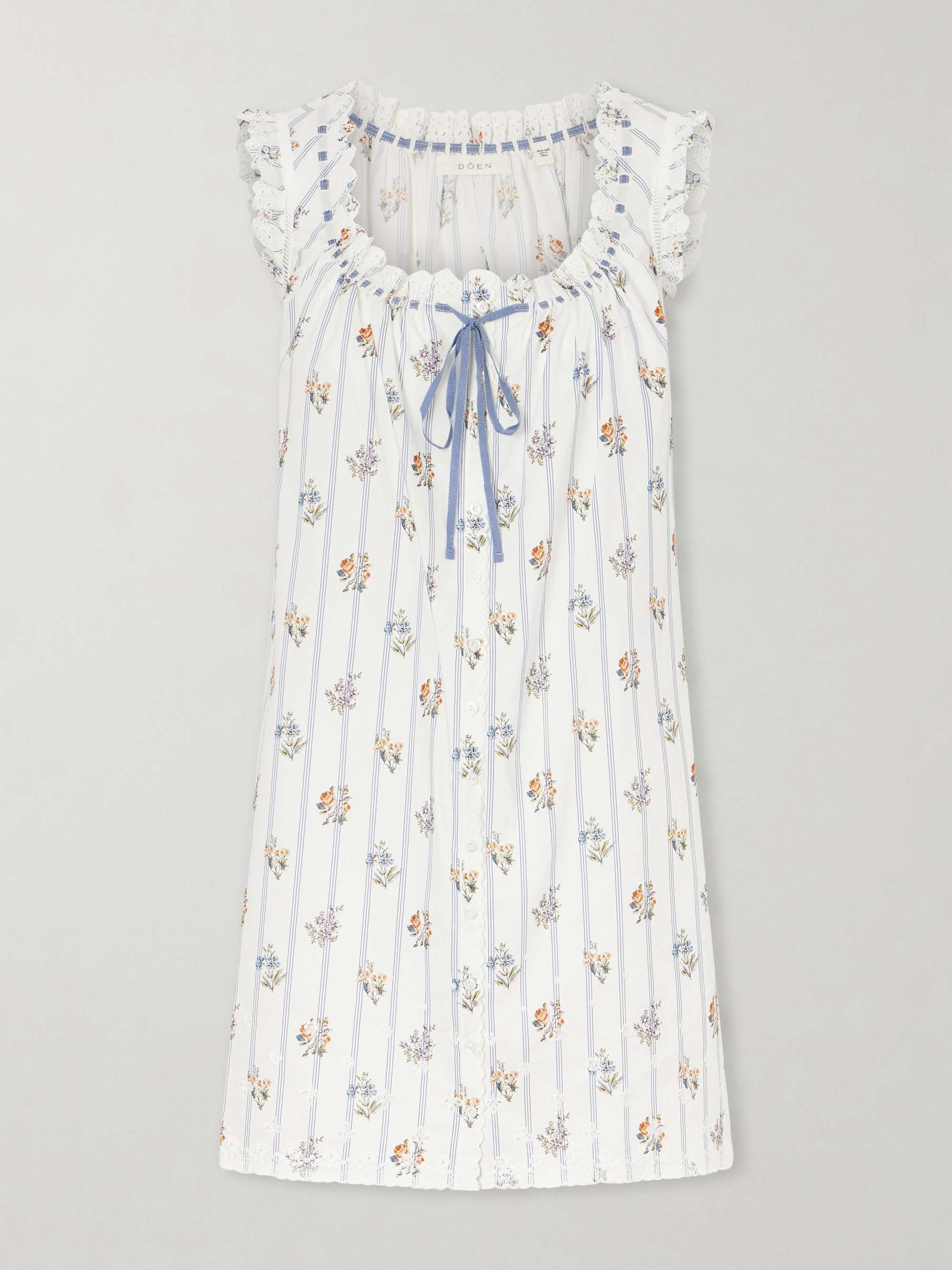 Nessie Embroidered Striped Floral-Print Organic Cotton Mini Dress