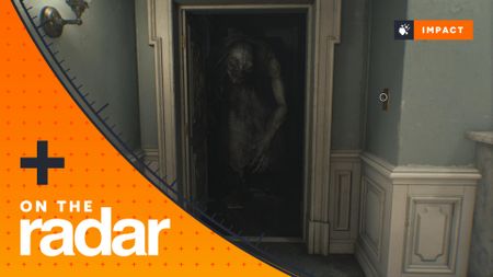 The Girl walks towards Grace from a dark hallways into a well-lit room in the care center in Resident Evil Requiem, with the GamesRadar+ On The Radar branded frame