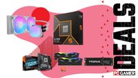 A bundle of Cooler Master, AMD, TeamGroup and Gigabyte parts on a pink deals background