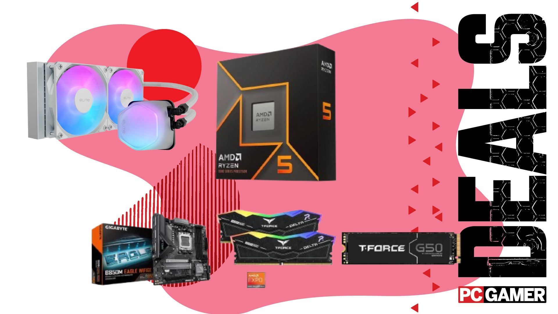 A bundle of Cooler Master, AMD, TeamGroup and Gigabyte parts on a pink deals background