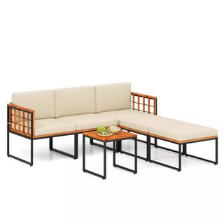 Costway 6 PCS Acacia Wood Patio Furniture Set Outdoor Sectional Conversation Sofa Set Beige