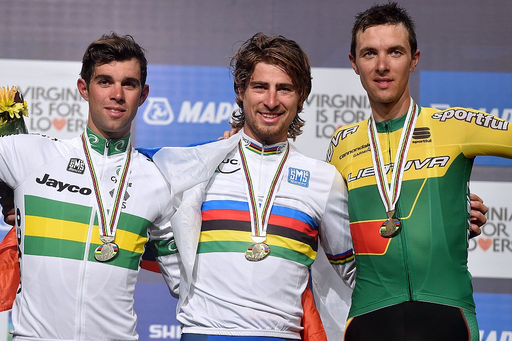 Cycling: Road World Championships 2015 / Men Elite
Podium/ MATTHEWS Michael (AUS) Silver Medal/ SAGAN Peter (SVK) Gold Medal/ NAVARDAUSKAS Ramunas (LTU) Bronze Medal/ Celebration Joie Vreugde
Richmond - Richmond (261,4Km)/
Hommes Mannen / WC Championat du Monde Route / Wereldkampioenschap Weg /&Acirc;&copy;Tim De Waele
