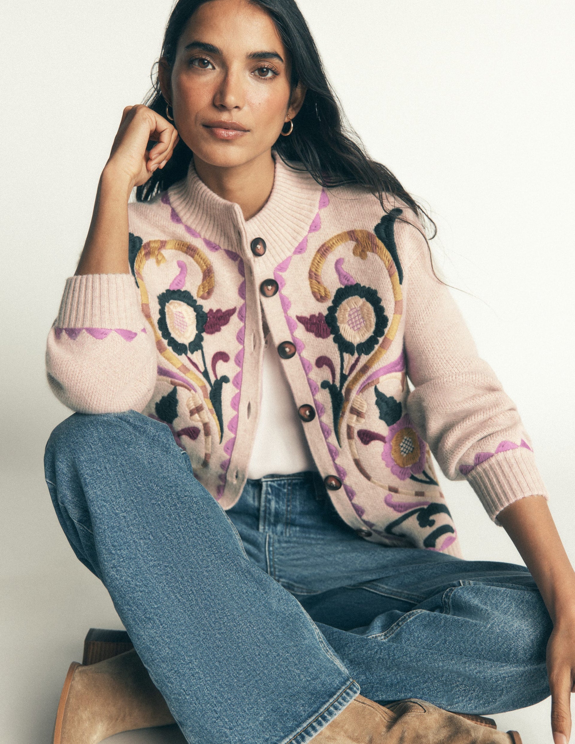 Jemma Jacquard Knit Cardigan-Oatmeal Melange, Embroidery