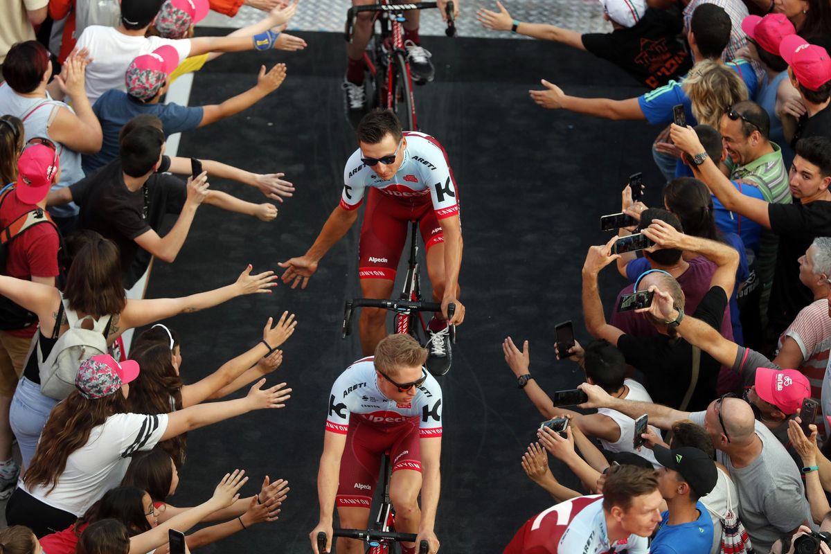 Katusha-Alpecin ride in to the 2018 Giro d'Italia team presentation
