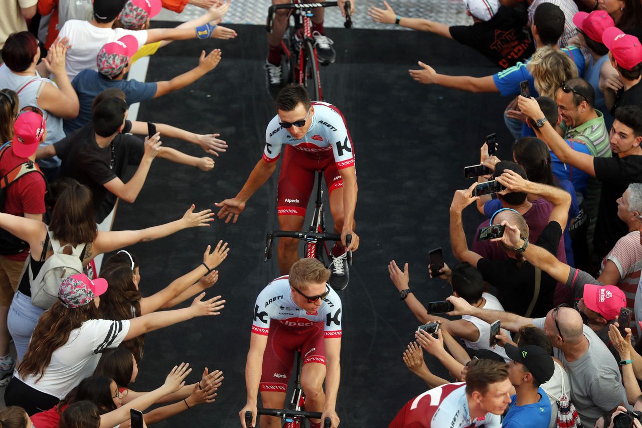 Katusha-Alpecin ride in to the 2018 Giro d'Italia team presentation