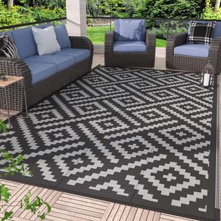 Genimo Outdoor Rug for Patio Clearance,6'x9' Waterproof Mat,reversible Plastic Camping Rugs,rv,porch,deck,camper,balcony,backyard,black & Gray