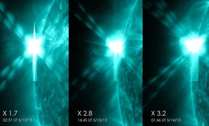 NASA's Solar Dynamics Observatory captured these three images of the X-class flares that occurred in under 24 hours on May 12-13.