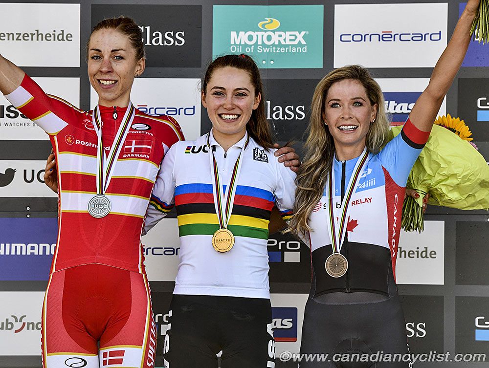 Podium: l to r - Annika Langvad, Kate Courtney, Emily Batty at the 2018 mountain bike world championships