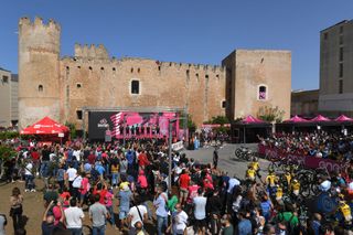 AGRIGENTO ITALY OCTOBER 04 Start Edoardo Affini of Italy Brent Bookwalter of The United States Jack Haig of Australia Lucas Hamilton of Australia Michael Hepburn of Australia Damien Howson of Australia Cameron Meyer of Australia Simon Yates of The United Kingdom and Team Mitchelton Scott Trofeo Senza Fine Trophy Santuario Maria SS DellAlto Alcamo Village Team Presentation Public Fans Landscape during the 103rd Giro dItalia 2020 Stage 2 a 149km stage from Alcamo to Agrigento 243m girodiitalia Giro on October 04 2020 in Agrigento Italy Photo by Tim de WaeleGetty Images