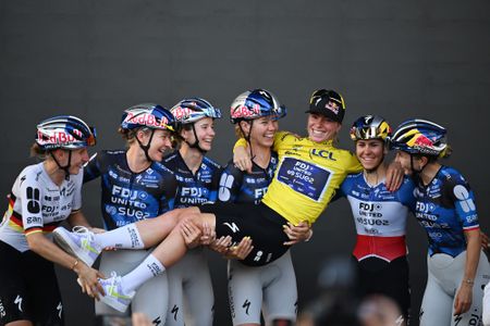 NICE, FRANCE - AUGUST 09: Overall race winner Demi Vollering of Netherlands - Yellow Leader Jersey and her teammates; Juliette Berthet of France, Celia Gery of France, Franziska Koch of Germany, Amber Kraak of Netherlands, Marie Le Net of France, Evita Muzic of France and Team FDJ United - SUEZ celebrate at podium during the 5th Tour de France Femmes 2026, Stage 9 a 99.2km stage from Nice to Nice / #UCIWWT / on August 09, 2026 in Nice, France. (Photo by Tim de Waele/Getty Images)