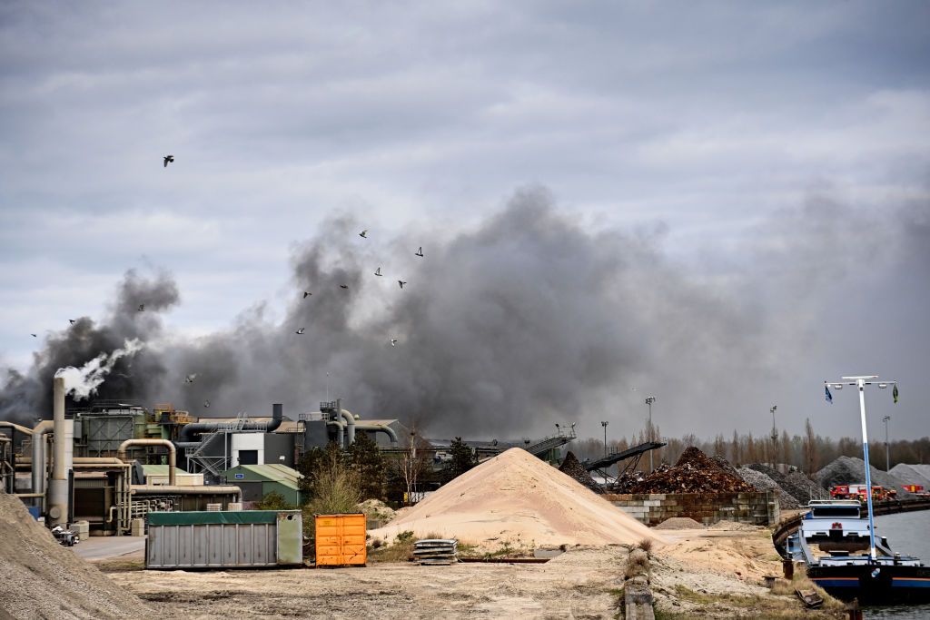 Illustration shows fire brigade busy with a fire in a company called Grensland in Menen seen from the cycling route of GentWevelgem Sunday 28 March 2021BELGA PHOTO DAVID STOCKMAN Photo by DAVID STOCKMANBELGA MAGAFP via Getty Images