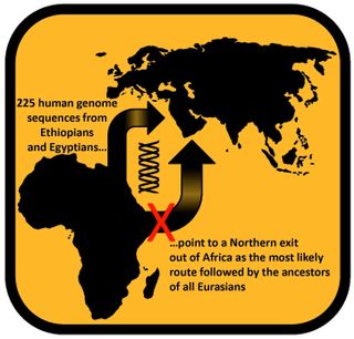 DNA from Ethiopians and Egyptians suggests modern humans exited Africa through Egypt.