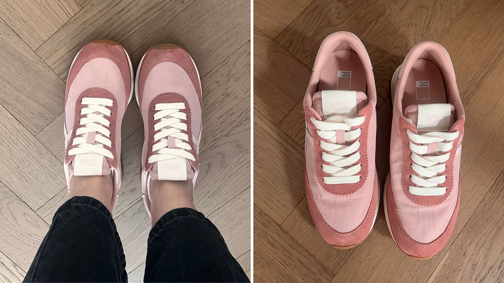 Two images of Caroline Parr testing FitFlop Retro-Q trainers