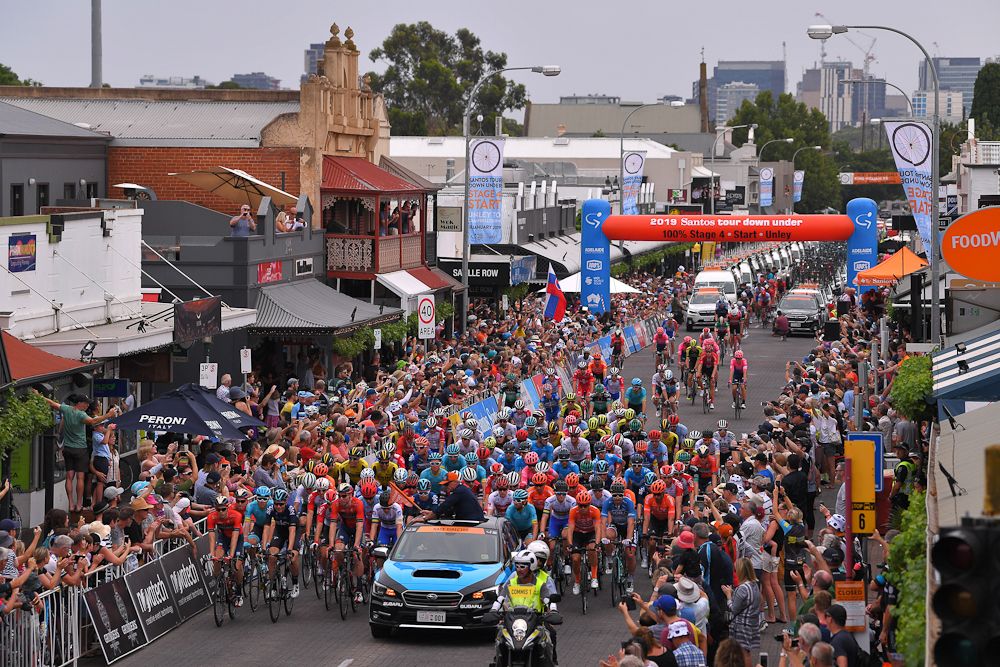 Stage 4 of the Tour Down Under rolls out of Unley