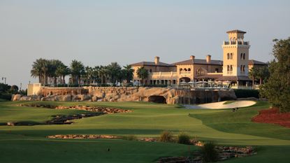 The 18th hole at the Earth Course, Jumeirah Golf Estates in Dubai