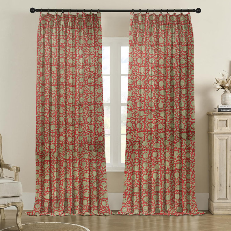 Red Barrel Studio&amp;reg; Handmade Block Print 100% Blackout Floral Pattern Curtain Soft Boho Pleated Pinch Drape for Home, Office, Living or Bedroom, Kitchen Pink and Blue, 6 Kamal | Wayfair