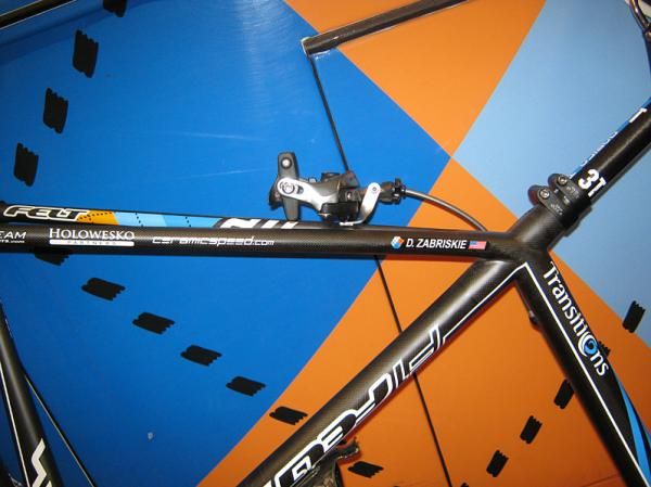 David Zabriskie's race bike, ready for the Vuelta. Note the double seat pin. Originally a feature to prevent slippage during Paris-Roubaix, it now being placed on all Garmin-Transitions bikes.
