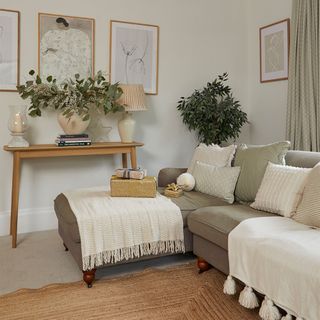Neutral living room with sofa and throws