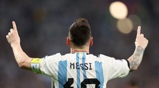 Lionel Messi celebrates his goal for Argentina against Australia at the 2022 World Cup in Qatar.