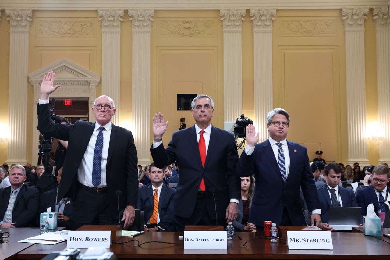 Arizona House Speaker Rusty Bowers, Georgia Secretary of State Brad Raffensperger, and Georgia Secretary of State Chief Operating Officer Gabriel Sterling are sworn in