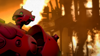 An edited screenshot of Deadlock&#039;s Bebop, layered over a still from the &quot;Meet the Pyro&quot; trailer of Team Fortress 2.