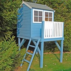 Honeywood Garden Buildings Bunny Playhouse in blue on stilts with a ladder leading up to a mini deck with white fence