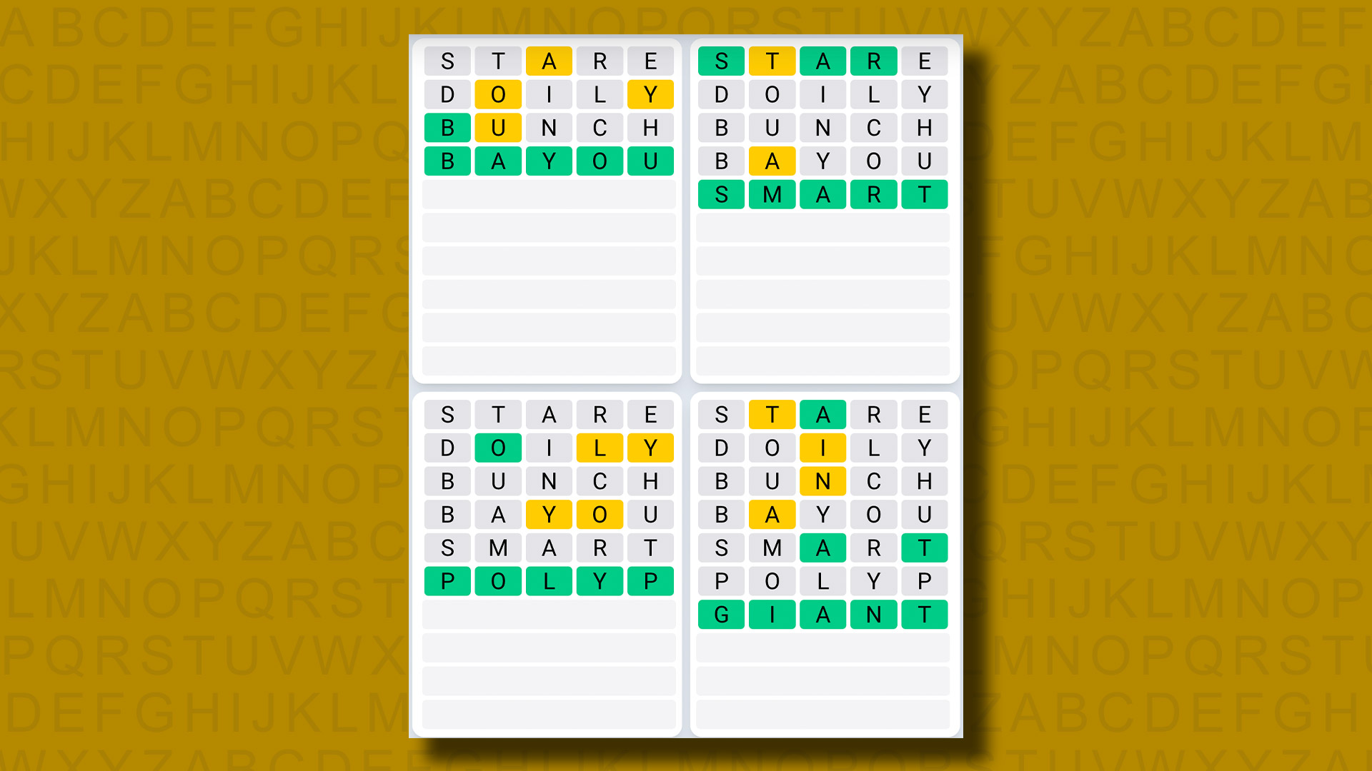 Quordle Daily Sequence Answers for Game 975 on a yellow background