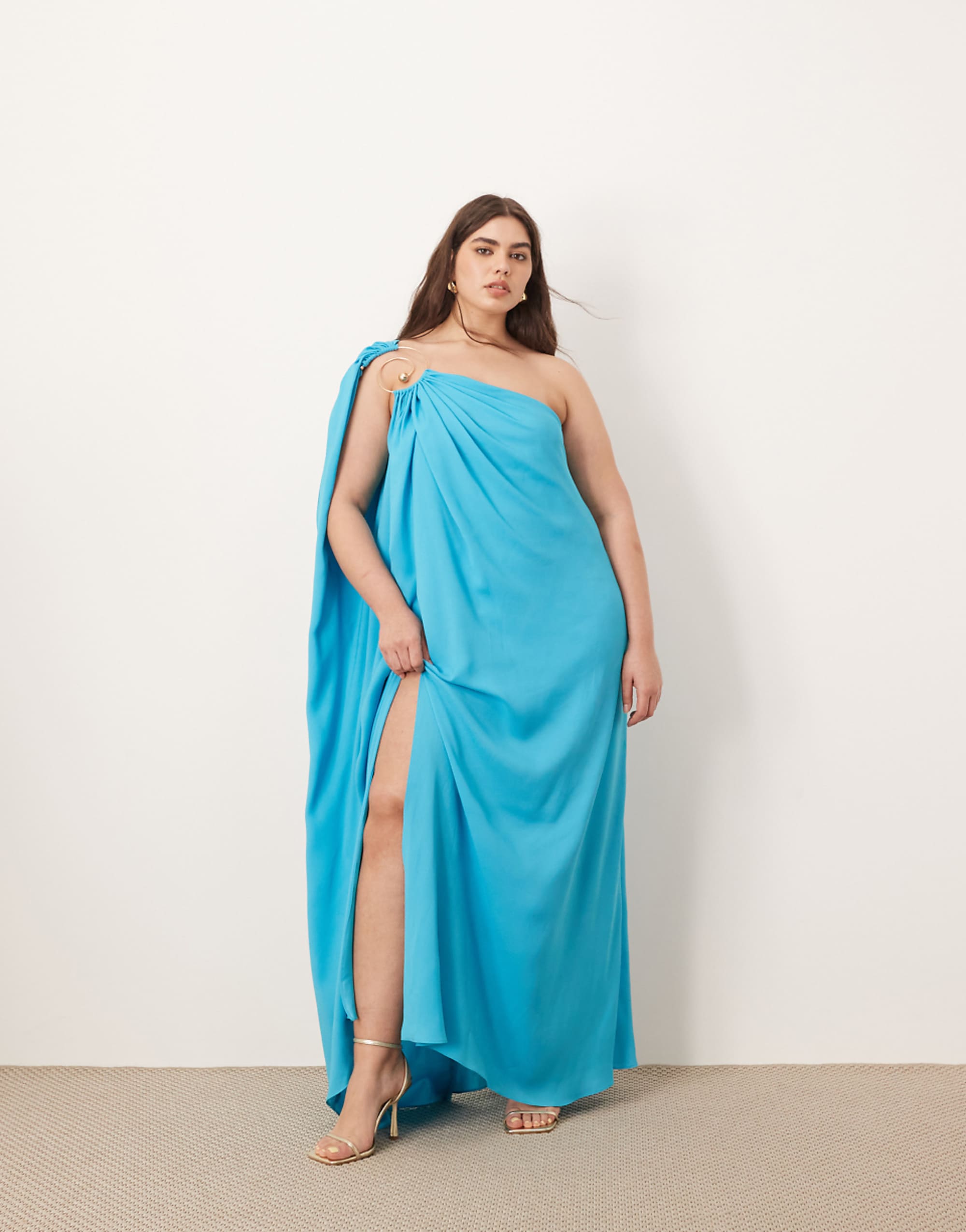 Arrange Curve Spiral Trim One Shoulder Maxi Dress in Turquoise Blue