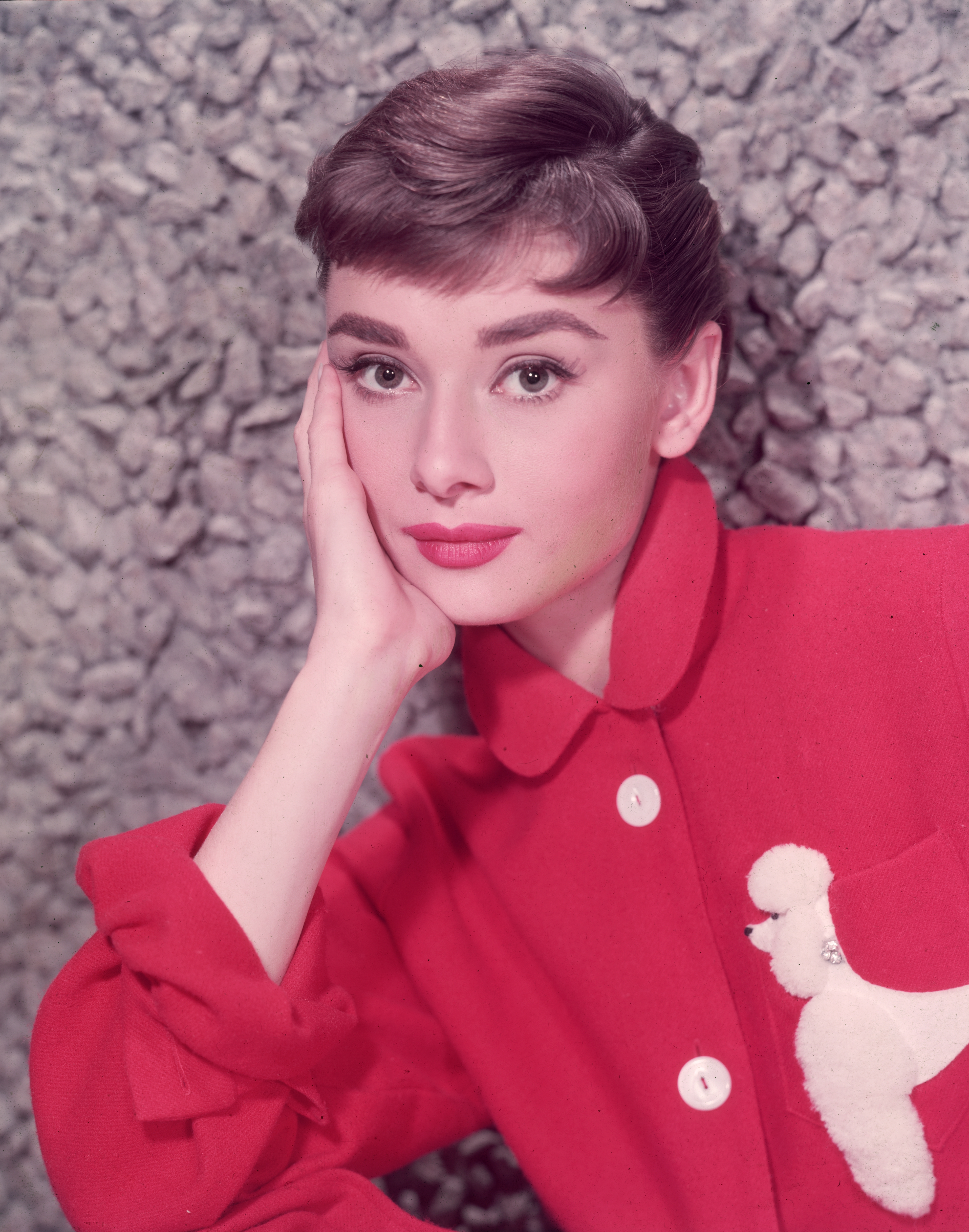 Audrey Hepburn in a red jumper with a poodle on it
