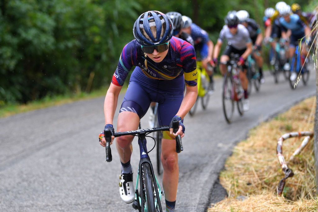 OVADA ITALY JULY 04 Mikayla Harvey of New Zealand and Canyon SRAM Racing Team leads The Peloton during the 32nd Giro dItalia Internazionale Femminile 2021 Stage 3 a 135km stage from Casale Monferrato to Ovada GiroDonne UCIWWT on July 04 2021 in Ovada Italy Photo by Luc ClaessenGetty Images