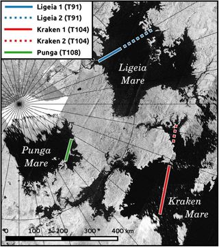Titan's three largest lakes and their surrounding areas as seen by the Cassini RADAR instrument.