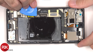 A screenshot from PBK Reviews' teardown of the Pixel 7 Pro, showing the front of the phone with the display removed