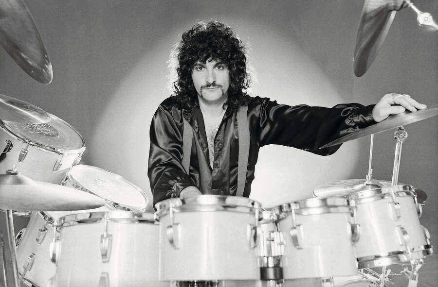 Carmine Appice pictured behind his drum kit