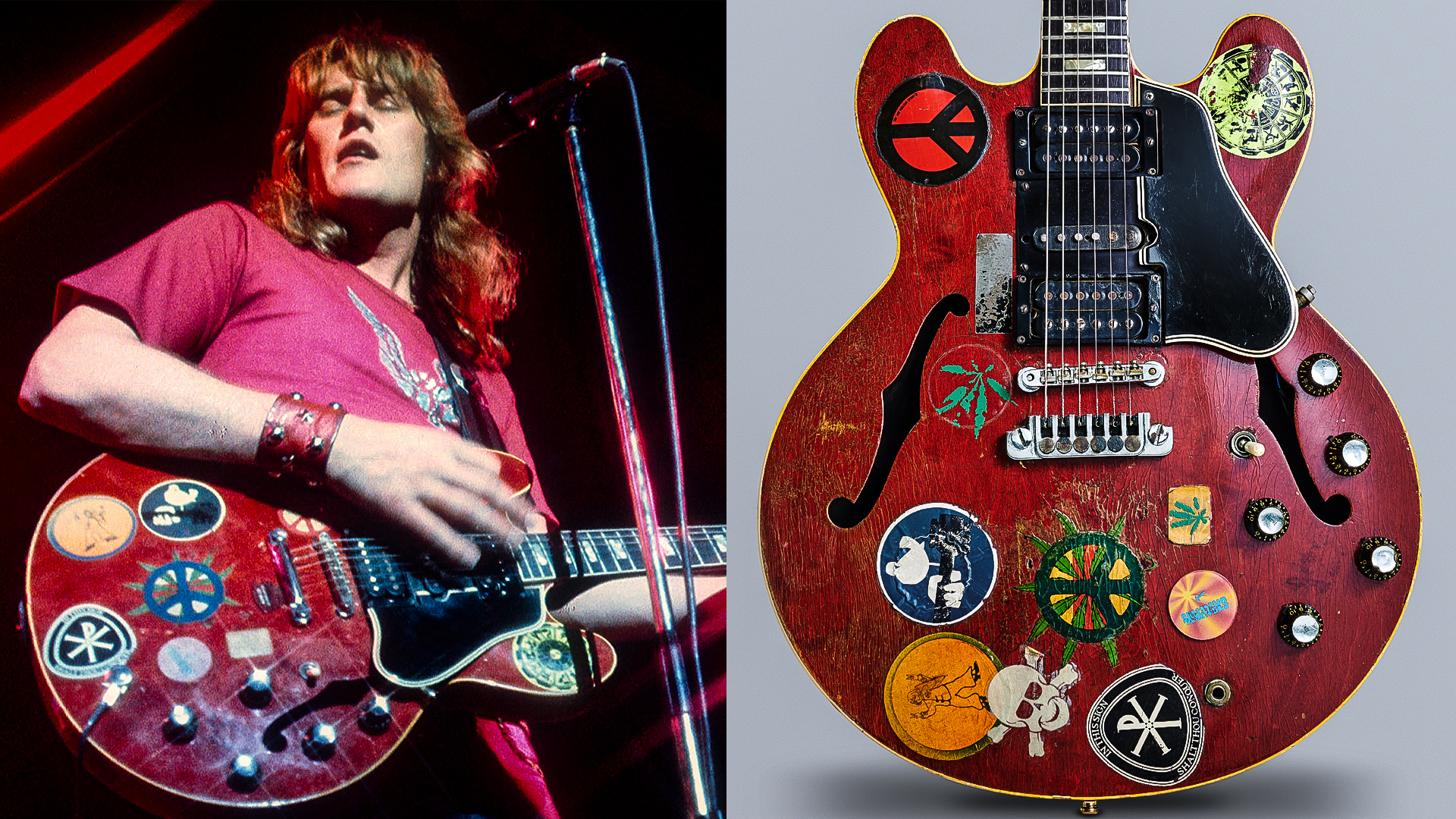 LEFT: Alvin Lee onstage with Ten Years After in 1970. RIGHT: A vintage 1958 Gibson ES-335 electric guitar nicknamed ÔBig RedÕ, previously owned by English musician and Ten Years After guitarist Alvin Lee, taken on May 21, 2019. 