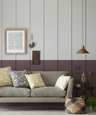 Living room with sofa and two color paneled wall