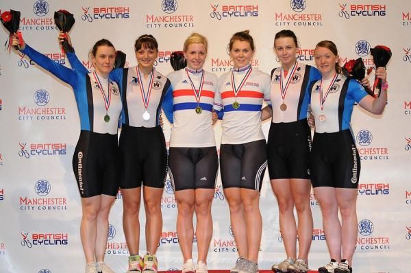 The women's team sprint podium (l-r): Jenny Davis and Charline Joiner, Rebecca James and Jess Varnish and Emma Baird and Kayleigh Brogan.