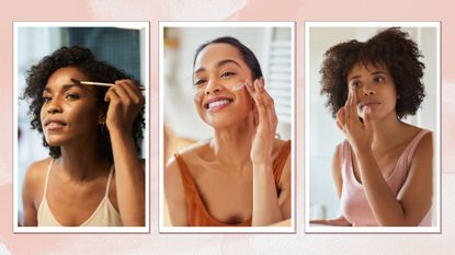 three women applying makeup to face