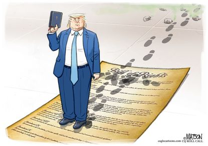 Political Cartoon U.S. Trump Bible photo op Constitution