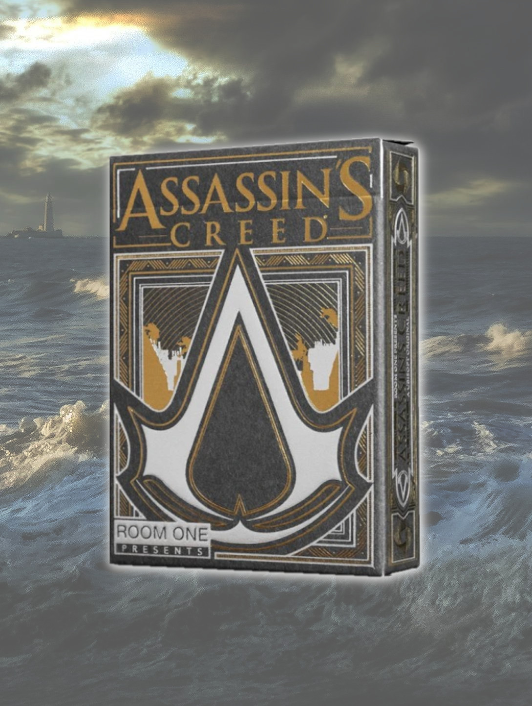 Assassin's Creed themed playing cards on a sea background