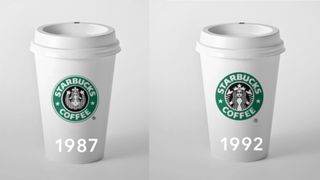 Two coffee cups showing the different Starbucks logos in 1987 and 1992