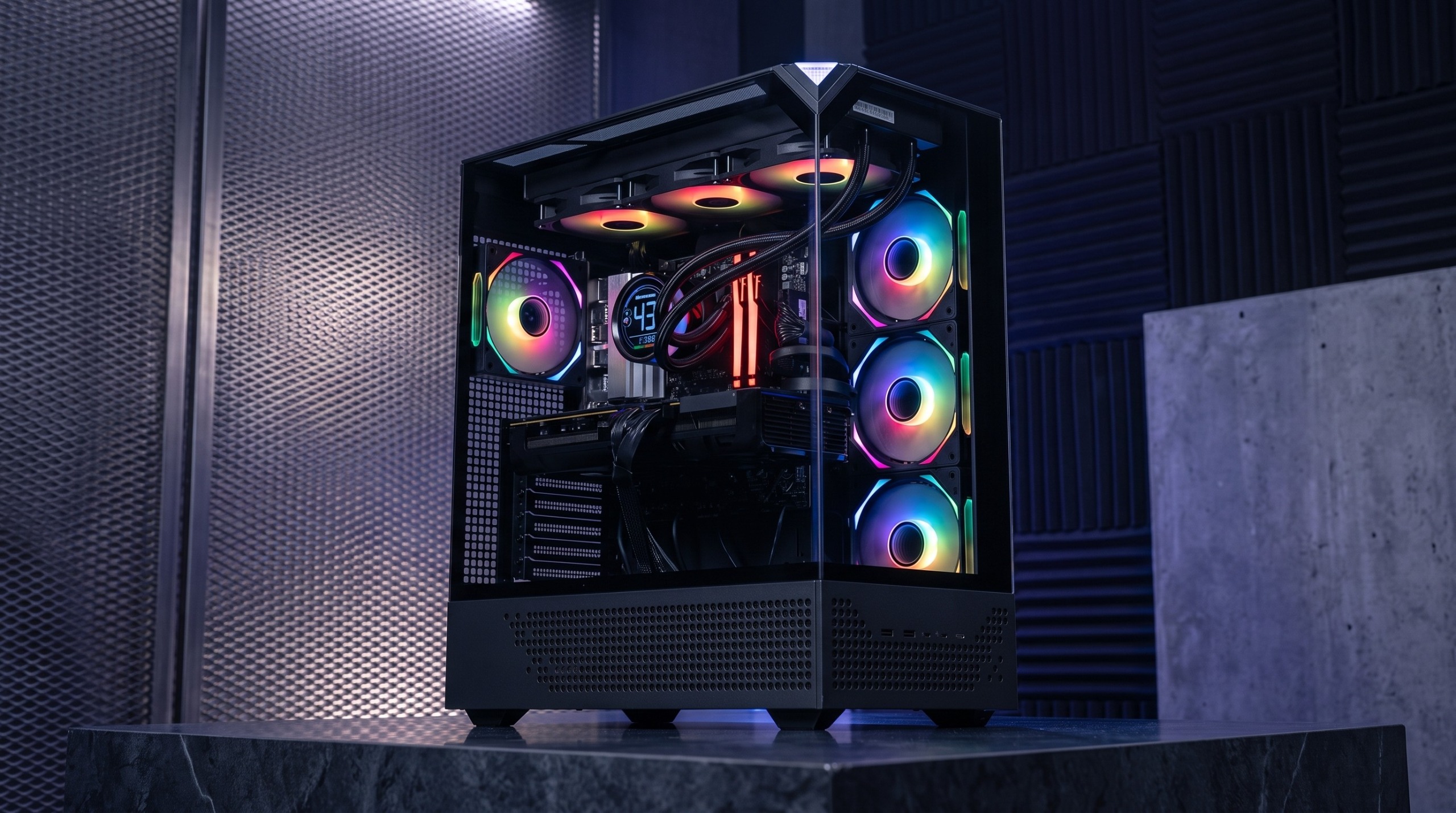 The iBuyPower RDY Element 9 Pro R08 Gaming PC on a marble pedestal in a metallic and noise dampening environment.