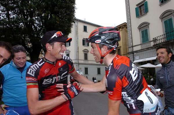 Tim Roe congratulates BMC teammate Alessandro Ballan for his victory.