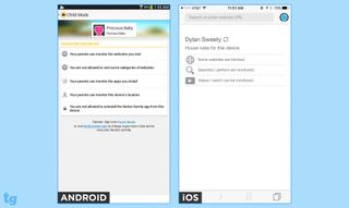 The House Rules screen for the Android (left) and iOS (right) versions of Norton Family Premier show how much more you can monitor on Android devices.
