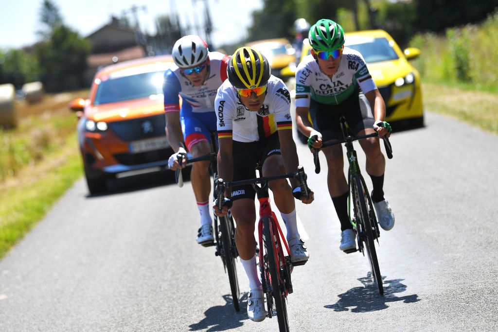 BOURGENBRESSE FRANCE JULY 29 LR Antoine Duchesne of Canada and Team Groupama FDJ Alexander Tarlton of Germany and Team Germany U23 Josu Etxeberria Azpilikueta of Spain and Team Caja RuralSeguros RGA in the Breakaway during the 33rd Tour de lAin 2021 Stage 1 a 1391km stage from Parc des Oiseaux to BourgenBresse 237m tourdelain on July 29 2021 in BourgenBresse France Photo by Luc ClaessenGetty Images