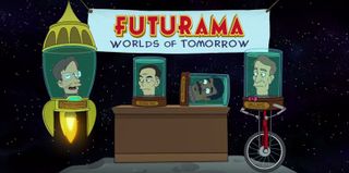 The animated preserved heads of Stephen Hawking, George Takei, Neil DeGrasse Tyson and Bill Nye, from a trailer for the mobile game "Futurama: Worlds of Tomorrow."