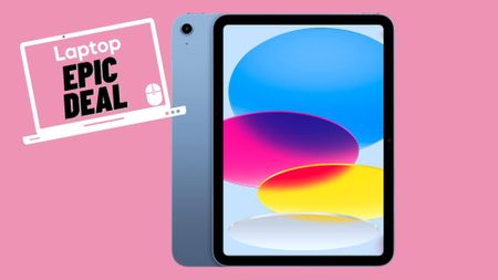 Blue iPad 10 tablet against pink background