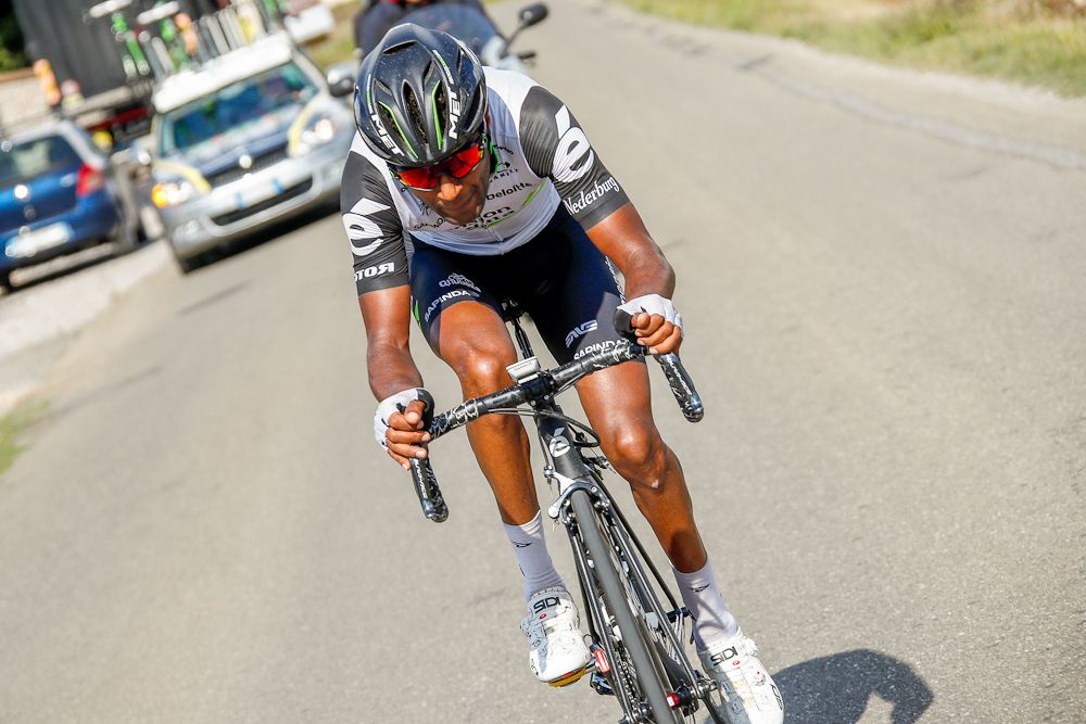 Daniel Teklehaimanot (Dimension Data) with a solo attack during stage 2 at Giro della Toscana