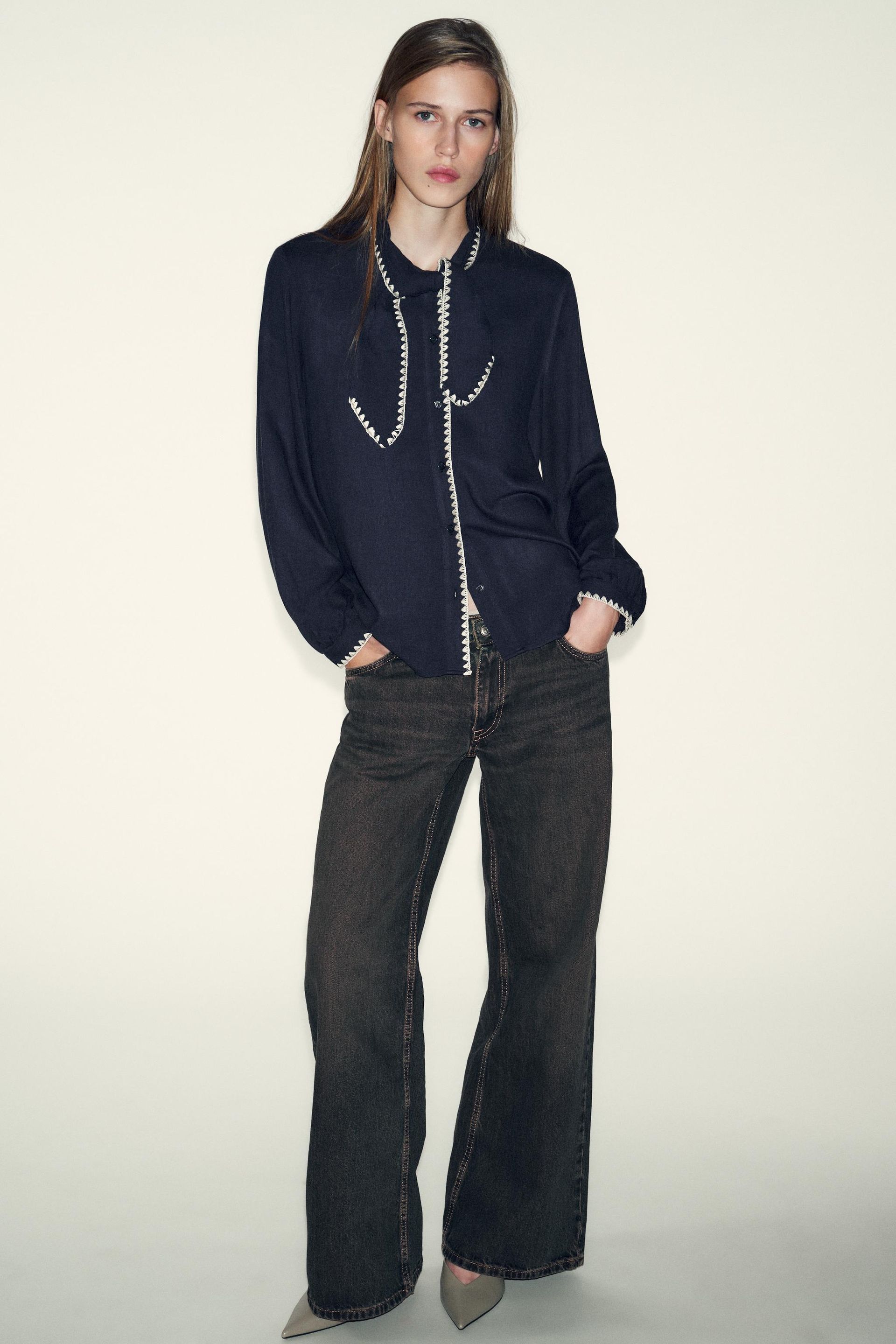 Blouse With Tie and Contrast Topstitching