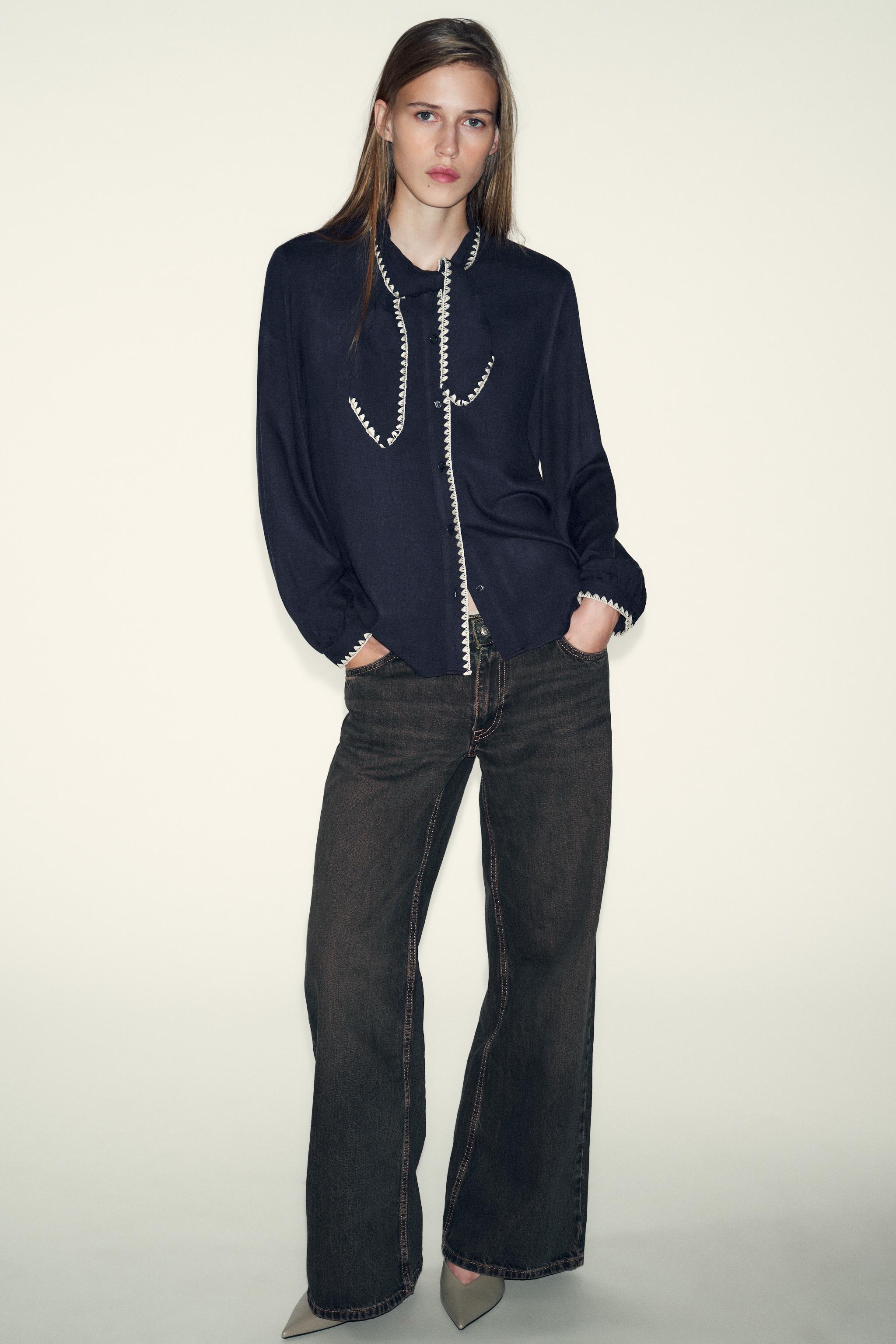 Blouse With Tie and Contrast Topstitching